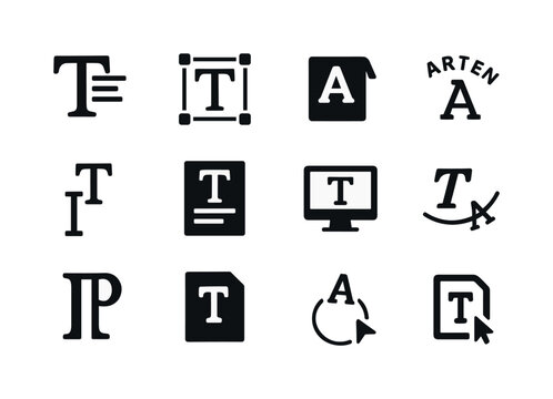 Typography Icon Set. Font application. Solid icon set of font application: text wrap icon, vector type, embedded font, curved text, vertical type, print