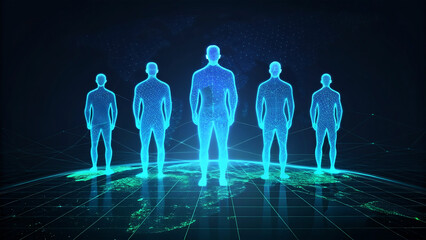 Glowing blue human figures standing on a grid representing global connections and technology
