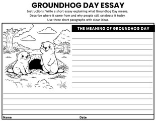 Obraz premium Groundhog Day essay writing prompt worksheets for grades 4–6 with 15 opinion and narrative topics. Great for seasonal ELA lessons, brainstorming, paragraphs, and writing practice.