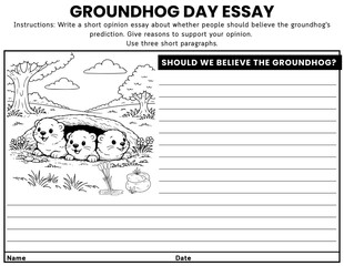 Groundhog Day essay writing prompt worksheets for grades 4–6 with 15 opinion and narrative topics. Great for seasonal ELA lessons, brainstorming, paragraphs, and writing practice.