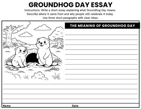 Groundhog Day essay writing prompt worksheets for grades 4&ndash;6 with 15 opinion and narrative topics. Great for seasonal ELA lessons, brainstorming, paragraphs, and writing practice.