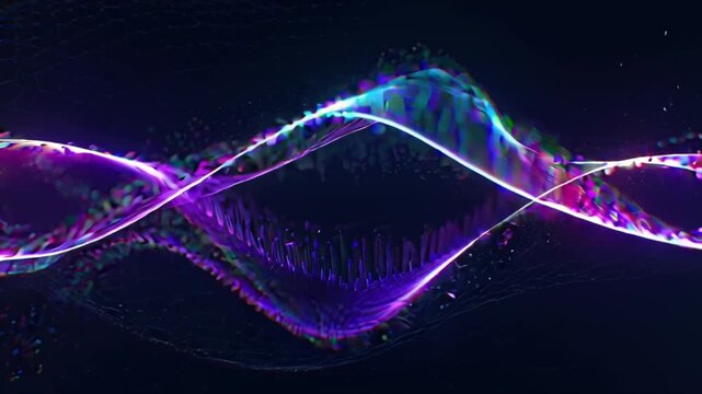 3D abstract liquid audio waveform animation, morphing plasma energy, glowing neon colors shifting with sound frequencies, low mid high visualized, floating dark minimalistic studio particle effects