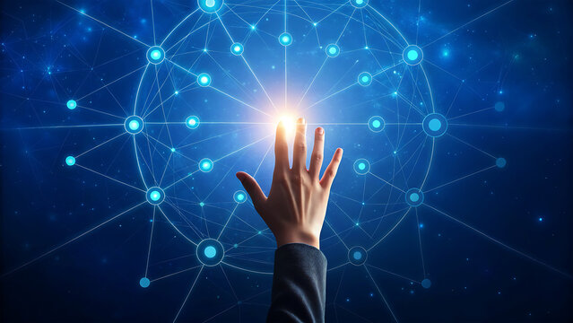 A hand reaching out to connect with a network of glowing blue nodes and lines