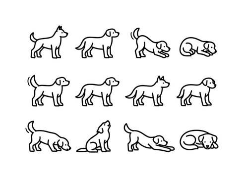 Farm Dog Icons. Farm dog. Line icon set of dog body language on the farm: alert stance, relaxed stance, playful bow, submissive crouch, tail up, tail down,