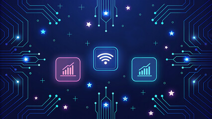 neon circuit board with wifi and graph icons in a futuristic tech background design