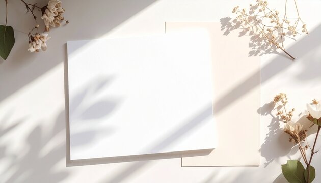 Blank square card mock-up on a white table with delicate dried flowers and soft dappled sunlight shadows, ideal for elegant wedding stationery or branding presentation