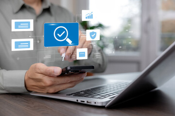 Business verification and approval concept with secure digital process, data validation, compliance check, and trusted workflow. Modern enterprise system for confirmation, security, and quality contro