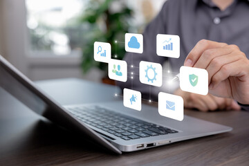 Digital business system concept with connected services, analytics, security, cloud workflow, and performance management. Modern enterprise solution for efficiency, integration, and strategic decision