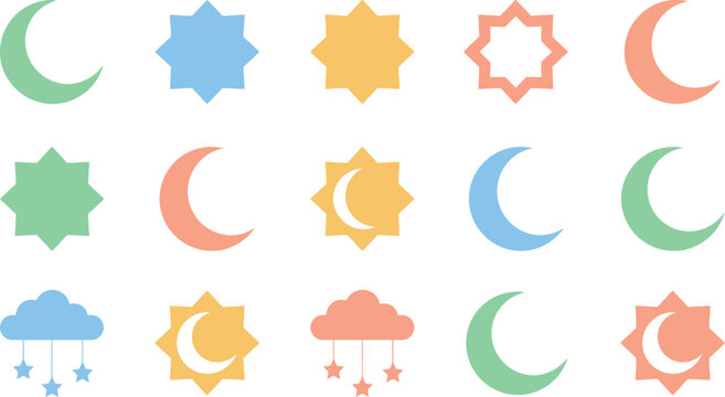 Colorful Pastel Islamic Geometric Shapes Set - Moon, Star, and Rub el Hizb Vector Icons