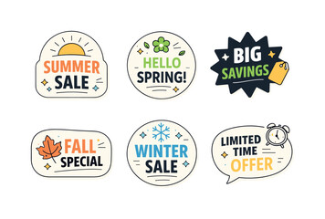 Fototapeta premium Seasonal Promo Stickers. Seasonal promo stickers. A collection of badge shapes with icons like sun, leaf, or snowflake paired with short sale messages.