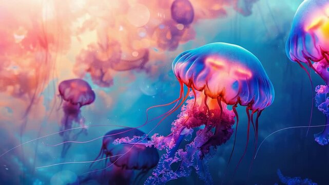 Vibrant digital artwork of jellyfish submerged in colorful, ethereal underwater scene