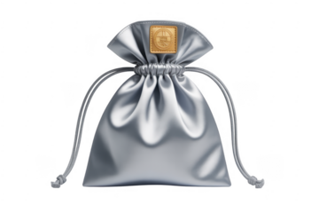 Gray satin drawstring bag with gold seal gray bag satin bag isolated on a transparent background