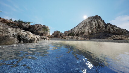 Fototapeta premium Calm waters reflect the vibrant blue sky as jagged rocks frame a tranquil beach. Lush greenery peeks from the rugged cliffs, creating a peaceful retreat at midday.