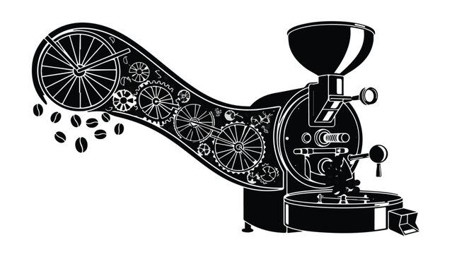 Artistic illustration of a vintage coffee roaster with beans in motion, symbolizing craft and tradition.