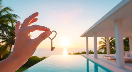 Hand Holding a House Key in Front of Luxury Villa Swimming Pool at Sunset