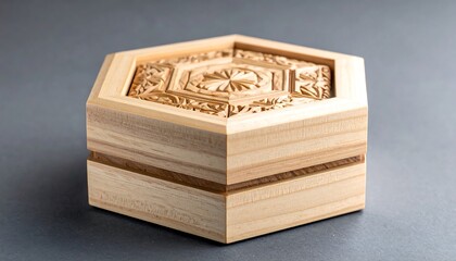 Handcrafted Wooden Hexagonal Box with Intricate Carved Lid Design.