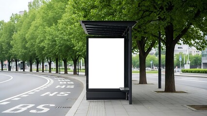 Bathed in natural light, an empty billboard at a bus stop Sleek urban bus stop shelter with blank ad panel on a tree-lined street,