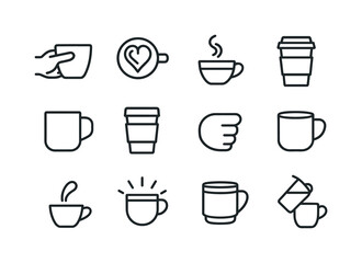 Obraz premium Latte Icon Set. latte in hand. Line icon set of latte in hand: hand holding latte cup, latte art heart, steam swirl, to-go cup, ceramic mug, foam layer symbol,