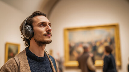 Man with headphones enjoying audio guide in art museum gallery