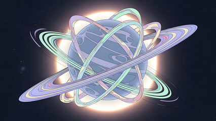 A stylized planet with numerous intersecting pastel-colored rings orbiting a glowing star in deep space.