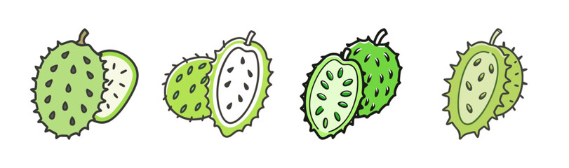 Four soursop fruits, whole and sliced, isolated on white background.