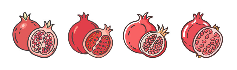 Collection of hand-drawn pomegranate illustrations, whole and halved