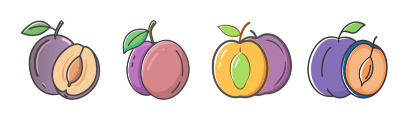 Set of stylized plum illustrations, whole and halved, with leaves
