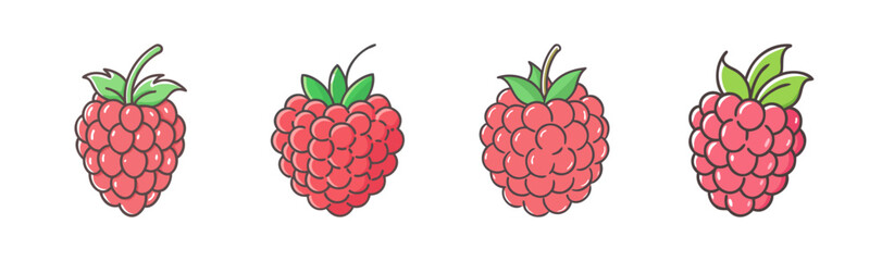 Group of vibrant raspberry illustrations with green leaves and stems