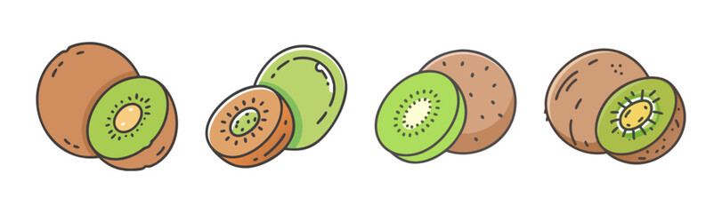 Assortment of kiwi fruit illustrations, whole and sliced, showing seeds