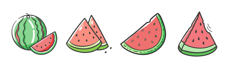 Watermelon slices and whole fruit illustrations, hand-drawn style, isolated.