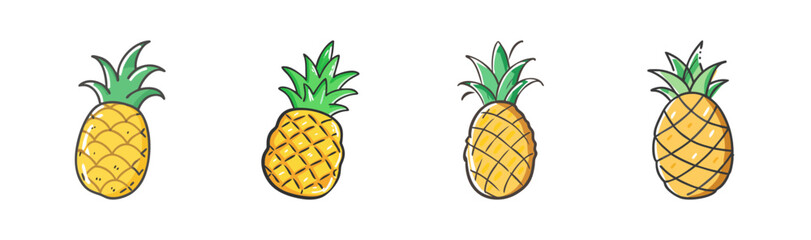 Set of four hand-drawn pineapple illustrations with green leaves, isolated.