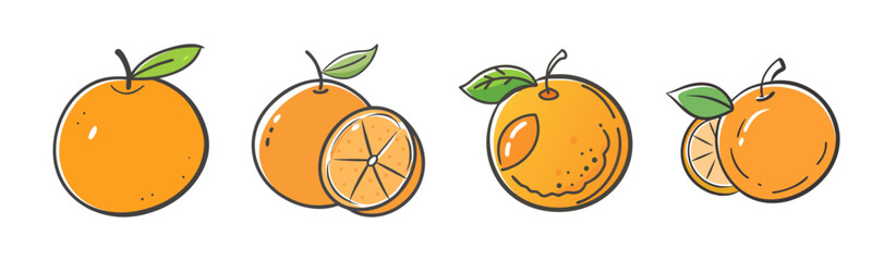 Set of four hand-drawn oranges, whole and sliced, with green leaves on white.