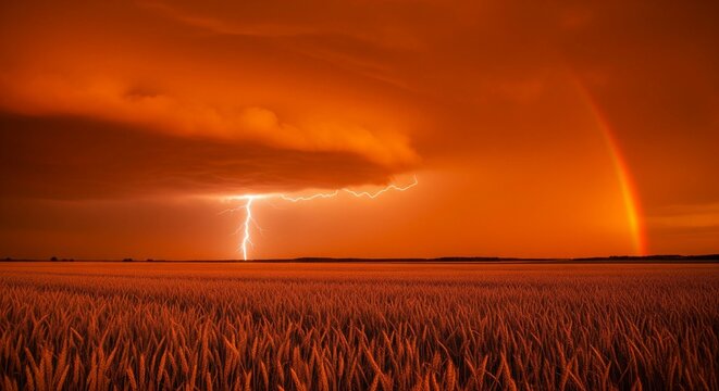 Dramatic Orange Sky with Lightning Strike and Rainbow Over a Wheat Field.