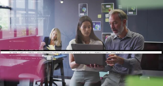 Coworkers opening laptop causing code glitches appearing and fading for business data discussion