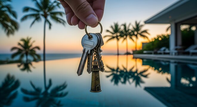 Holding Keys to a Luxury Vacation Home With Palm Trees and Stunning Ocean View at Sunset