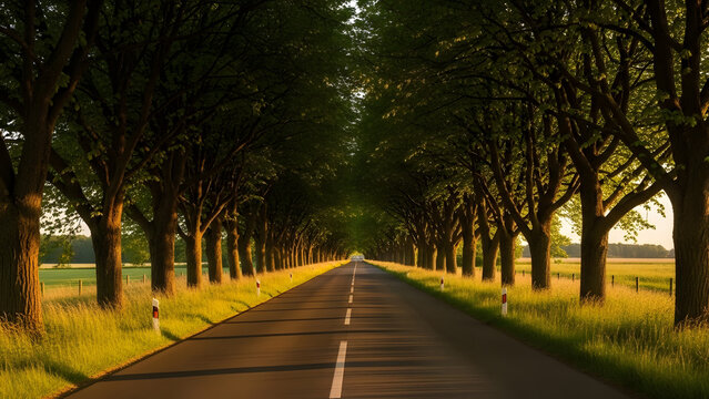 A long, straight road lined with lush green trees creating a natural tunnel, bathed in warm sunlight.