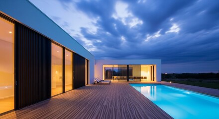 Obraz premium Elegant contemporary home with an illuminated swimming pool under a dramatic evening sky.
