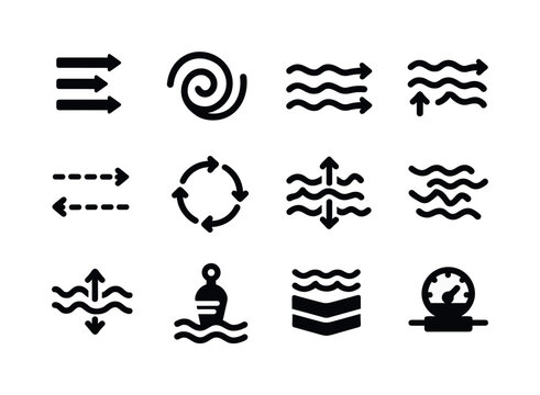 Ocean Currents Icons. Ocean currents. Solid icon set of ocean currents: current arrows, gyre swirl, thermal flow, upwelling icon, deep current path, eddy