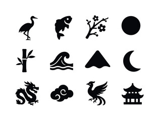Obraz premium Folding Screen Icons. Folding screen motifs. Solid icon set of folding screen motifs: crane bird, koi fish, blossom branch, bamboo stalk, wave line, mountain