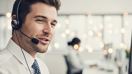 Smiling customer service representative wearing a headset in an office environment.