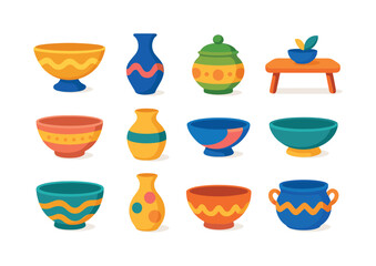 Colorful Ceramic Icons. Tabletop Ceramic Decor. Colorful flat vector icons set of Tabletop Ceramic Decor: centerpiece bowl, ceramic vase, small pot, table