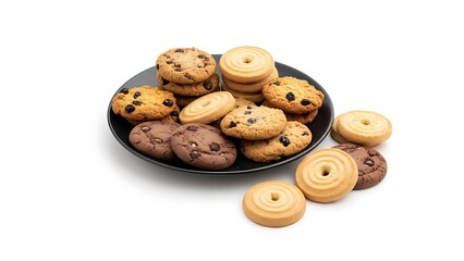 Obraz premium Assorted cookies on a black plate and white surface