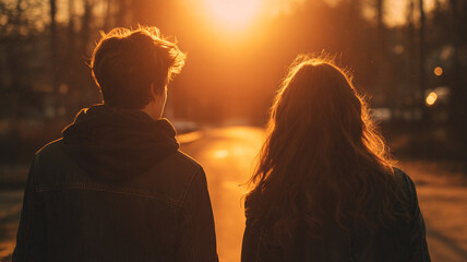 Couple walking together at sunset, emotional intimacy, back view