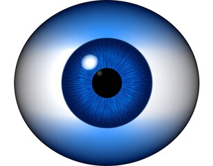 Isolated rendering of a single, vibrant, photorealistic, blue human eye