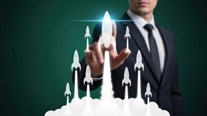 Business professional ignites multiple rocket launches on a virtual screen symbolizing innovation, ambition, and impactful startup success
