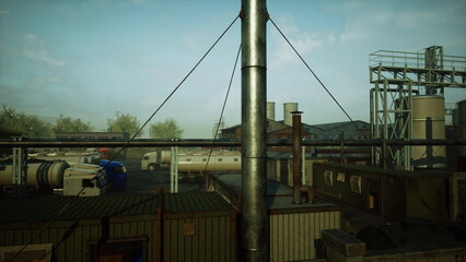 Early morning light illuminates a busy manufacturing site. Various metal structures are visible, along with colorful containers and machinery, creating a vibrant industrial landscape.