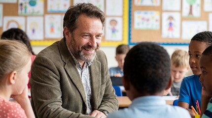 Smiling teacher engaging with students in diverse classroom setting