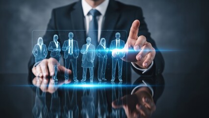 Business professional interacts with a glowing holographic projection of diverse talent for leadership, recruitment, and team building on dark background
