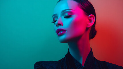 Fashion model woman in neon light.