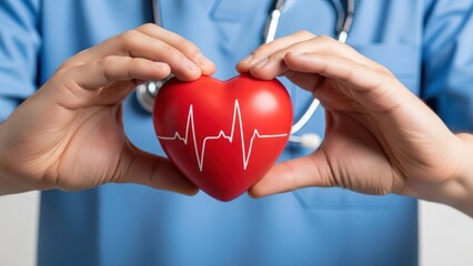 Compassionate doctor cradles a vibrant red heart with a symbolic pulse line, representing dedicated cardiology healthcare services